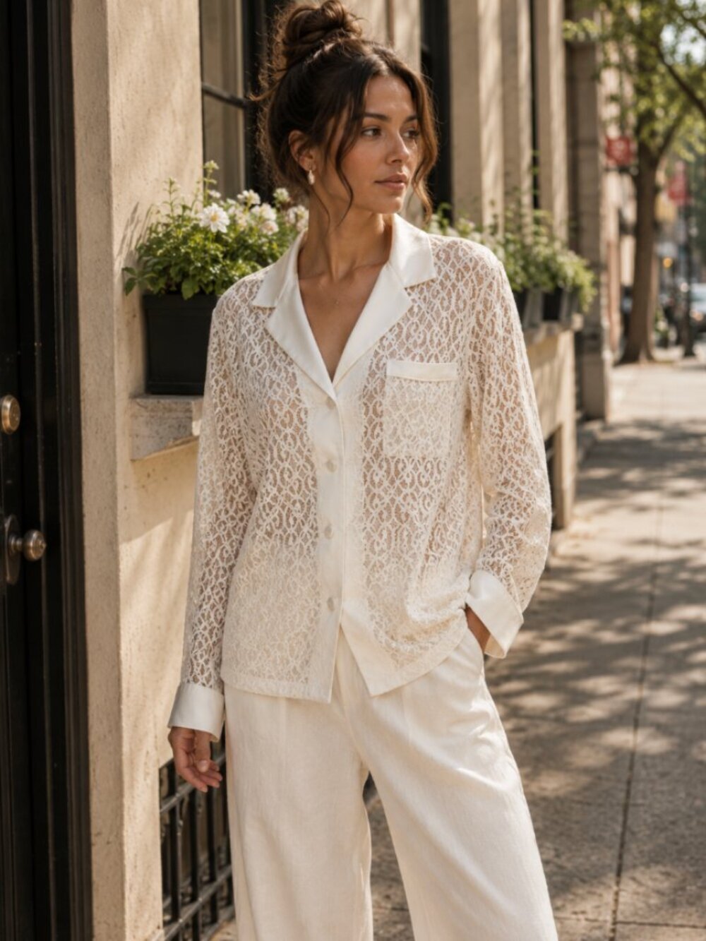JONATHAN SIMKHAI Janice Lace Button Front Shirt Ivory S Romantic Minimalist